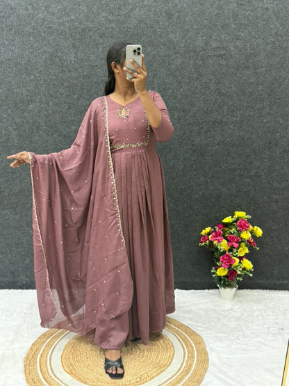 Handwork Vichitra Silk Anarkali Gown with Sequence Work Dupatta