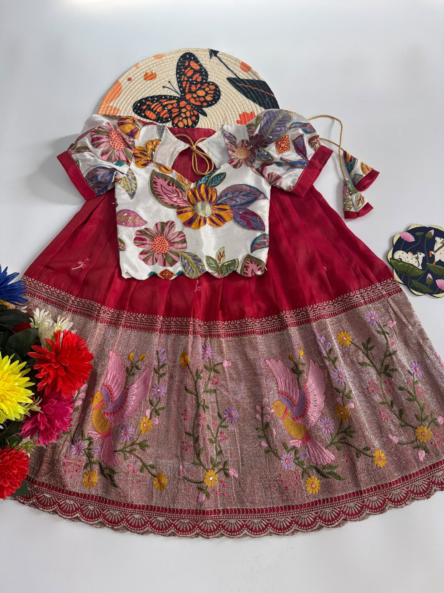 Kids Embroidered Tissue Fabric Lehenga Choli Set