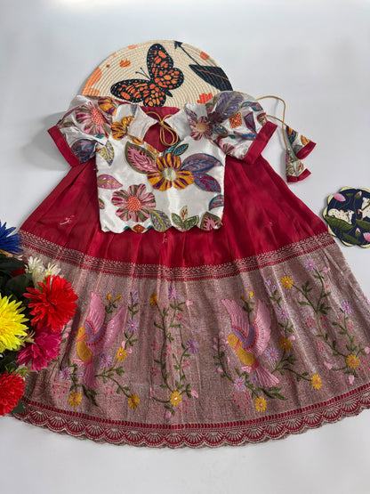 Kids Embroidered Tissue Fabric Lehenga Choli Set
