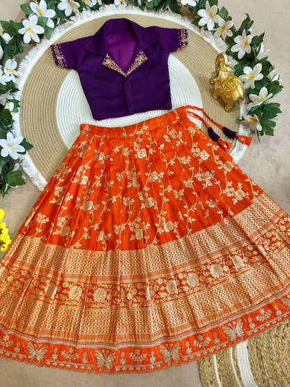 Royal Trio Contrast Kids Lehenga Choli with Floral Zari Work