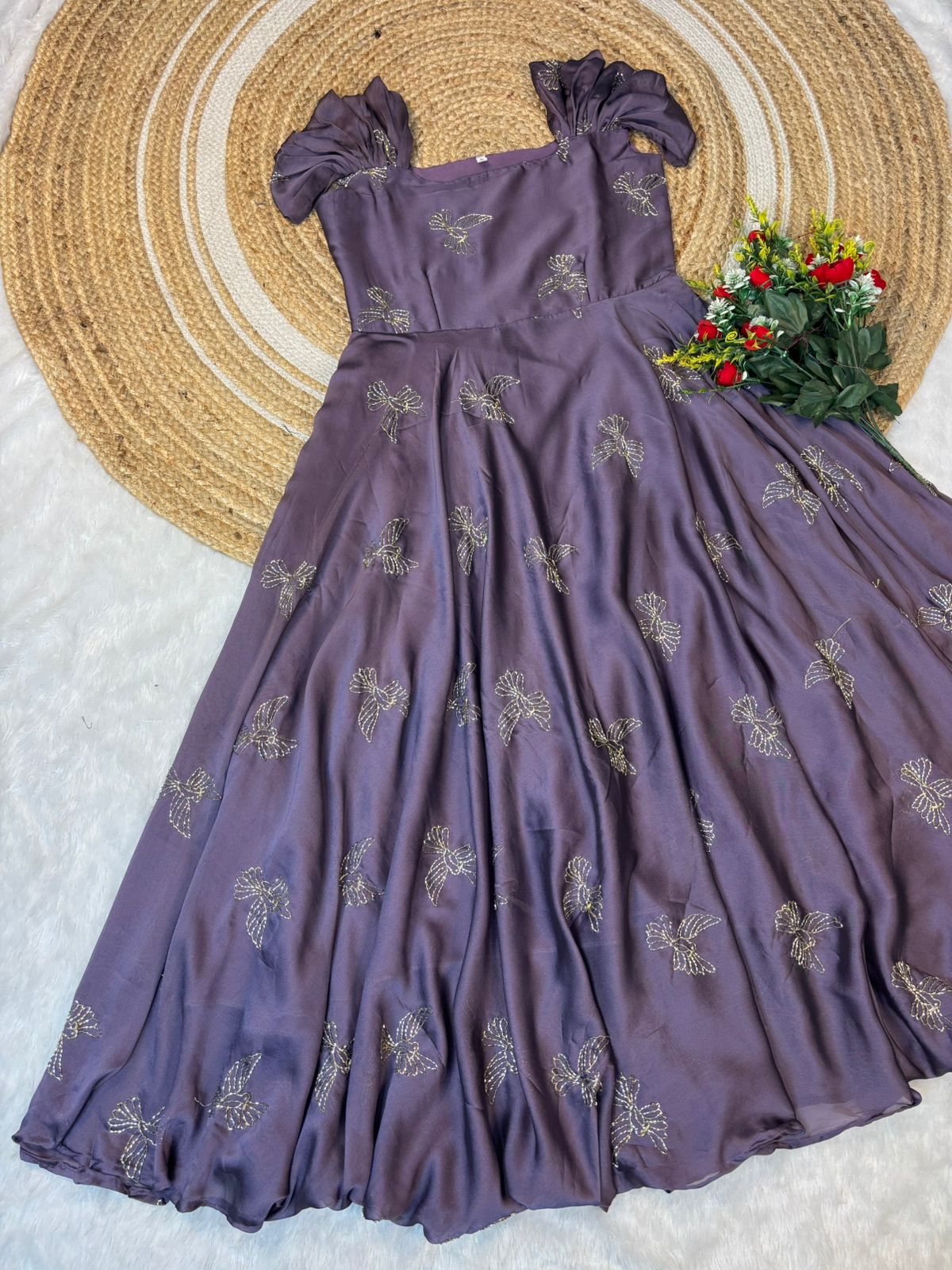 Premium Rangoli Silk Sparrow Beads Aari Work Maxi Gown