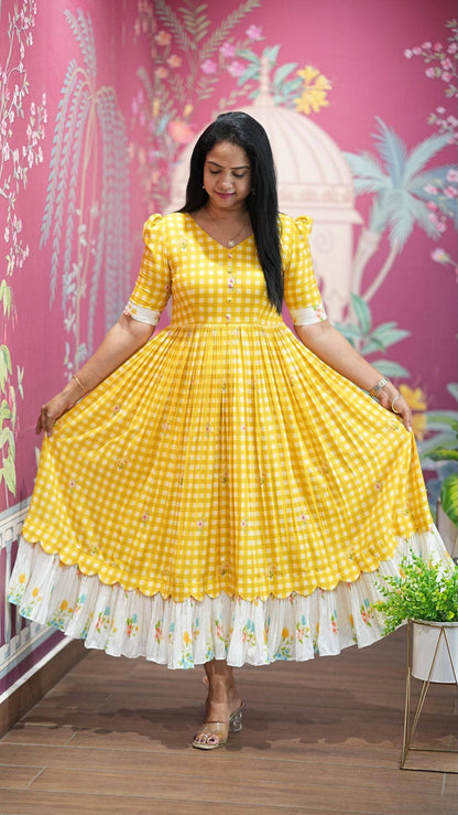 Soft Cotton Checked Print Maxi Dress with Floral Details