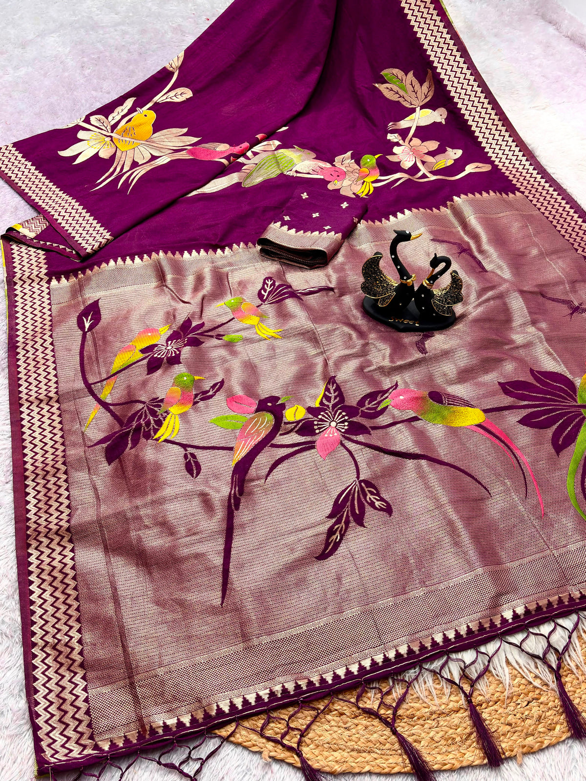 Khadi Crepe Silk Hand-Dyed Saree with Bird Motifs and Fancy Latkans