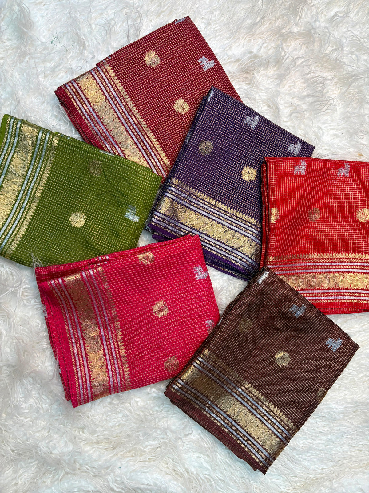 Golden Silver Pure Russian Dola Saree with Zari Peacock & Deer Weaving and Viscose Blouse