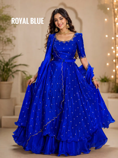 Heavy Space Silk Double Frill Lehenga Choli Set with Sequins Embroidery