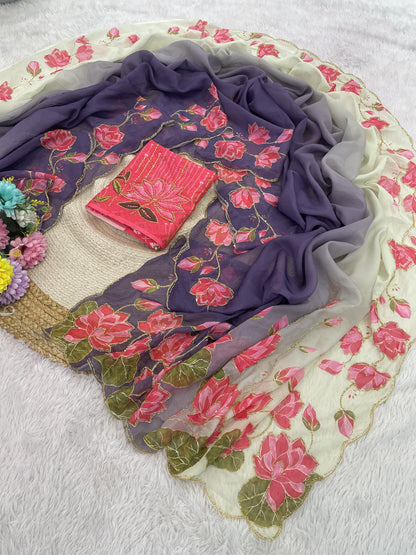 TeBy Silk Floral Digital Print Saree with Cutdana Khatli Work