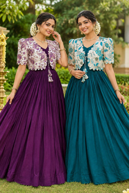 Royal Garden Vichitra Gown with Floral Printed Coat Set