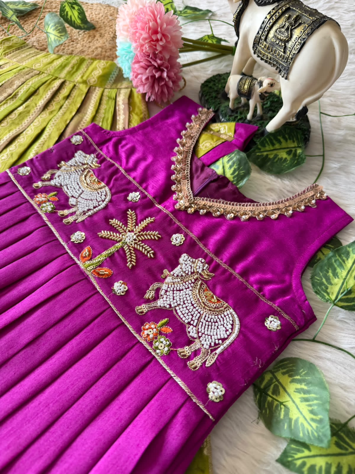 Kids Pattu Pavadai Sattai with Pichwai Work and Tissue Strip Skirt