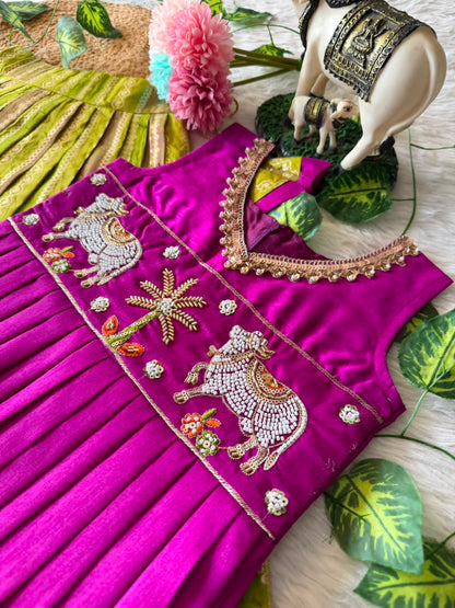 Kids Pattu Pavadai Sattai with Pichwai Work and Tissue Strip Skirt