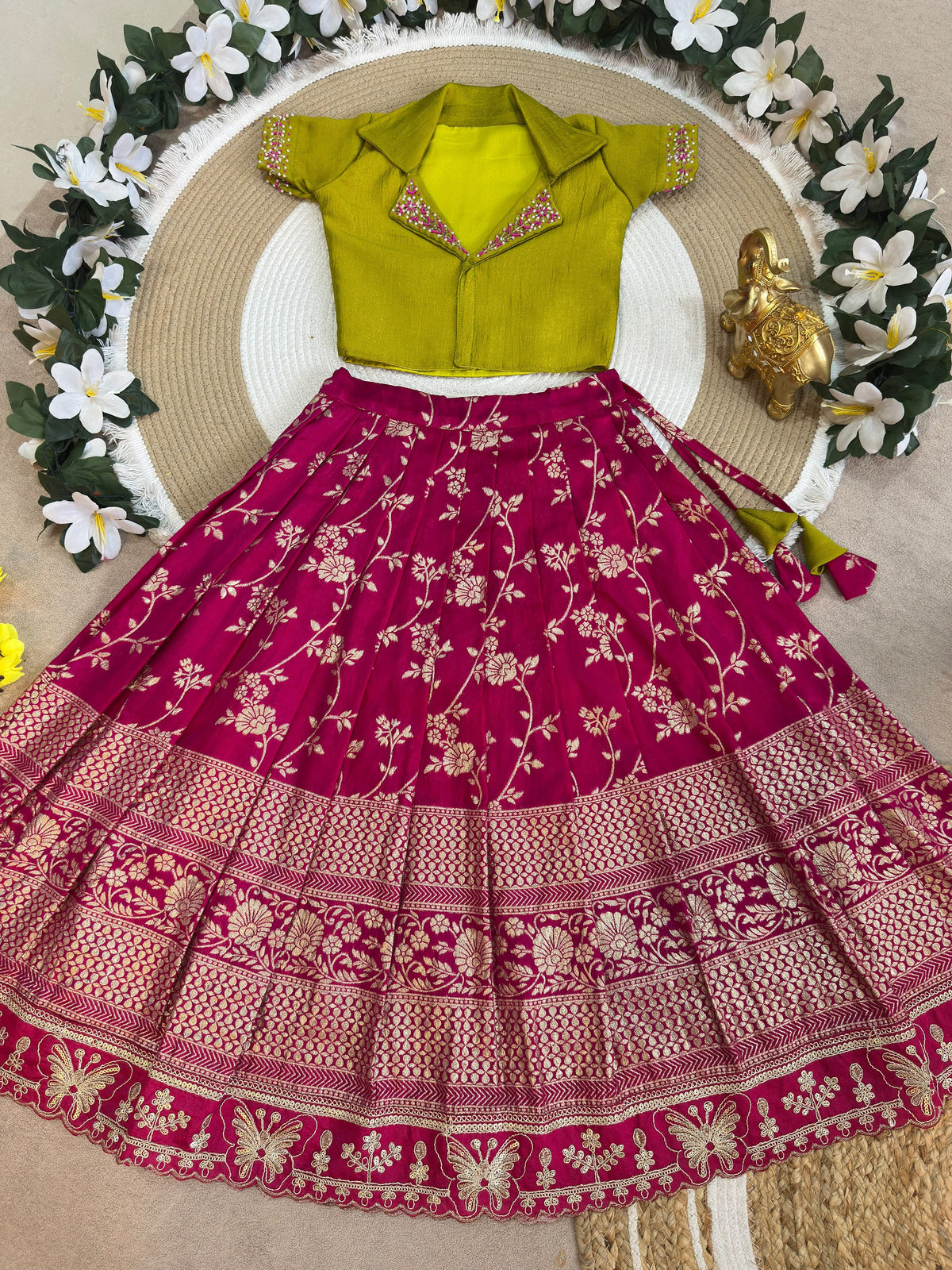 Royal Trio Contrast Kids Lehenga Choli with Floral Zari Work