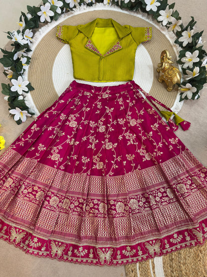 Royal Trio Contrast Kids Lehenga Choli with Floral Zari Work