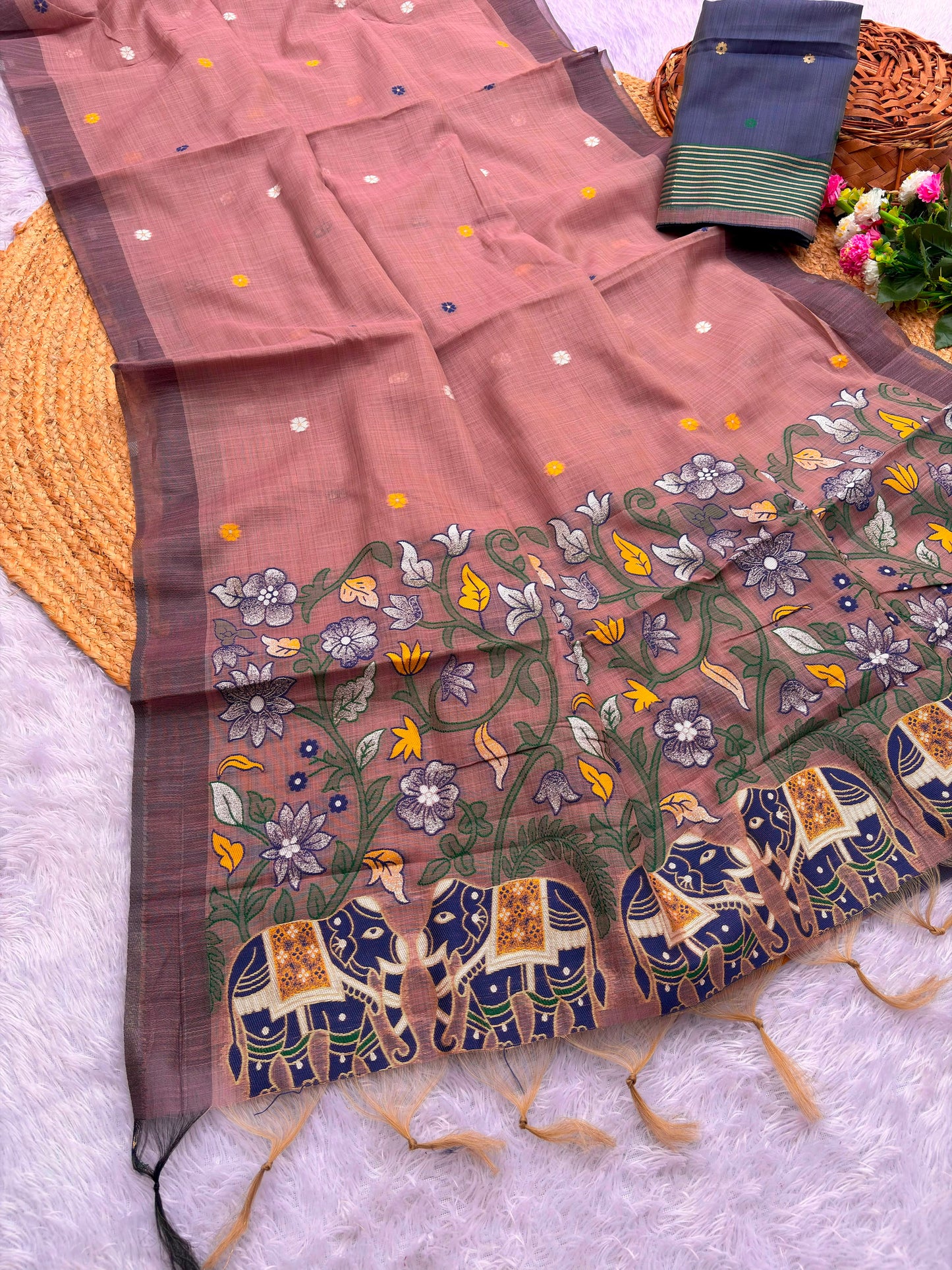 Pure Jamdani Silk Saree with Rich Zari Weave and Contrast Blouse