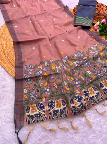 Pure Jamdani Silk Saree with Rich Zari Weave and Contrast Blouse