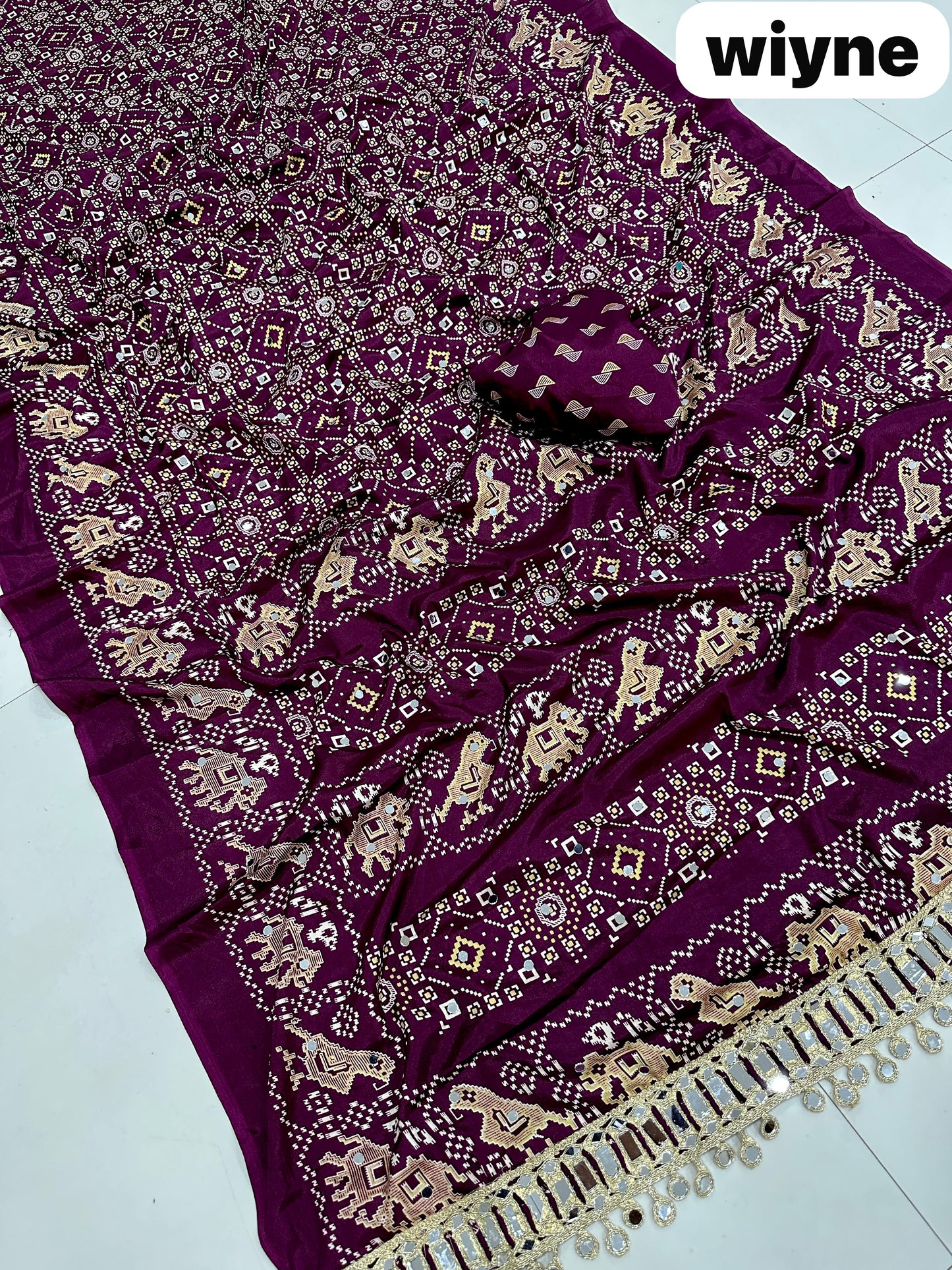 Pure Arjakh Sartin Viscous Silk Saree with Designer Print, Mirror Work & Designer Blouse