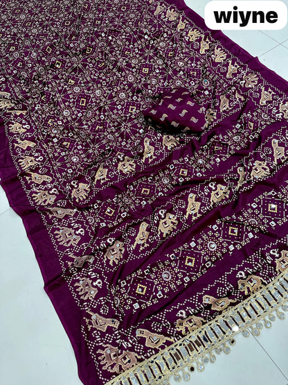 Pure Arjakh Sartin Viscous Silk Saree with Designer Print, Mirror Work & Designer Blouse