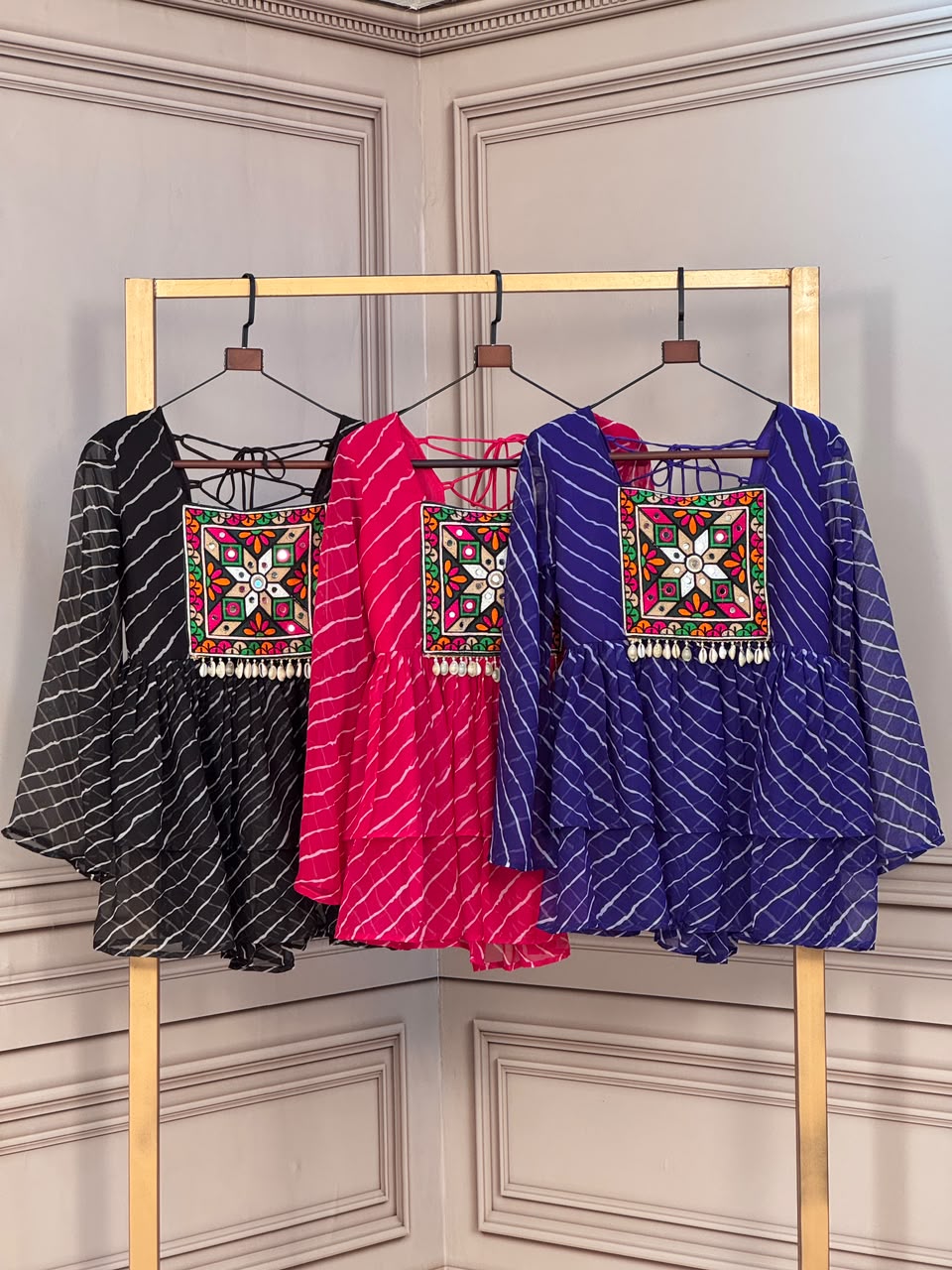 Navratri Stitched Laheriya Print Top with Kutchi Gamthi Patchwork