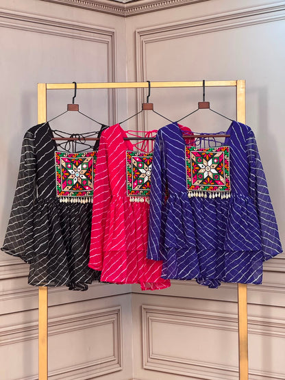 Navratri Stitched Laheriya Print Top with Kutchi Gamthi Patchwork