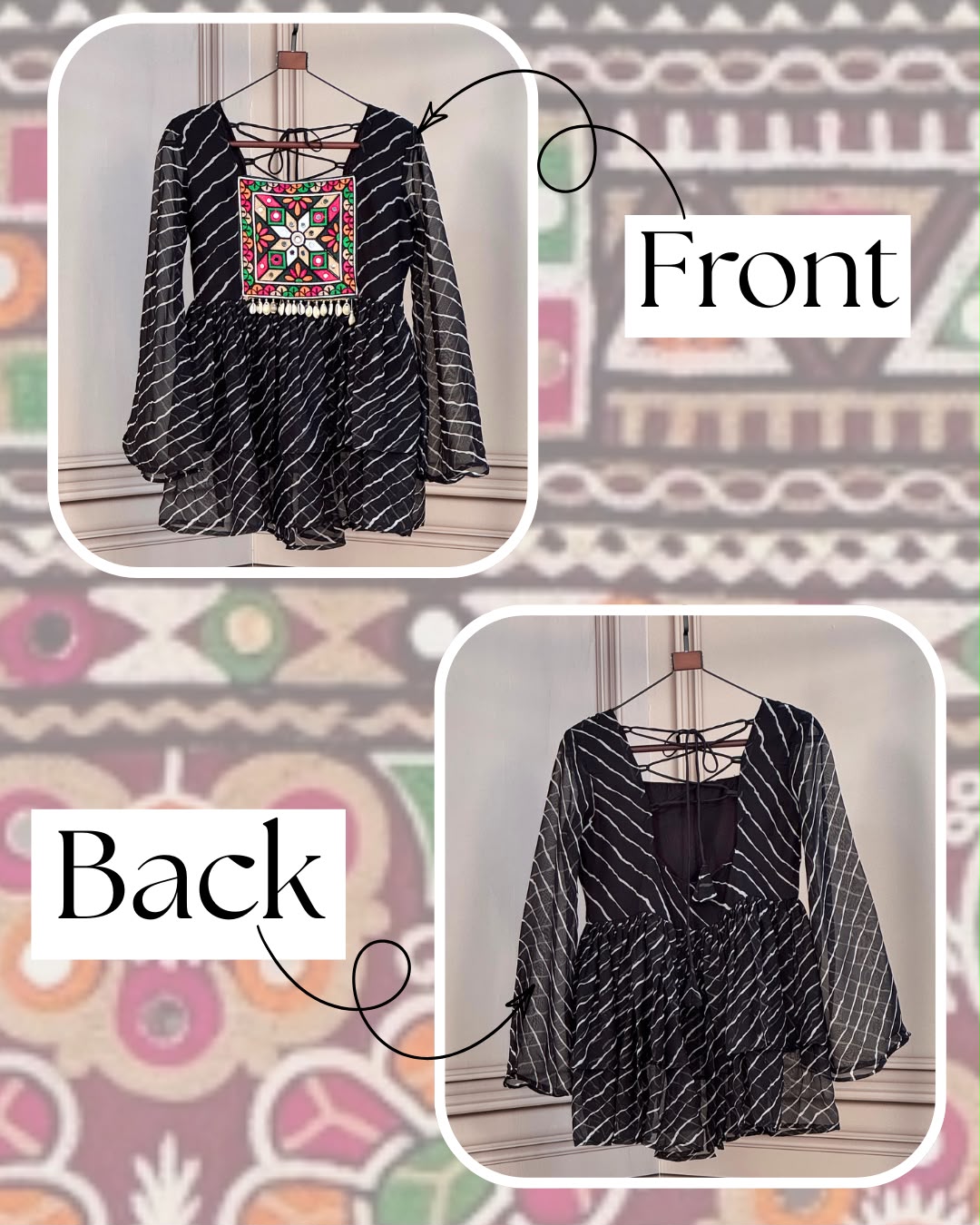 Navratri Stitched Laheriya Print Top with Kutchi Gamthi Patchwork
