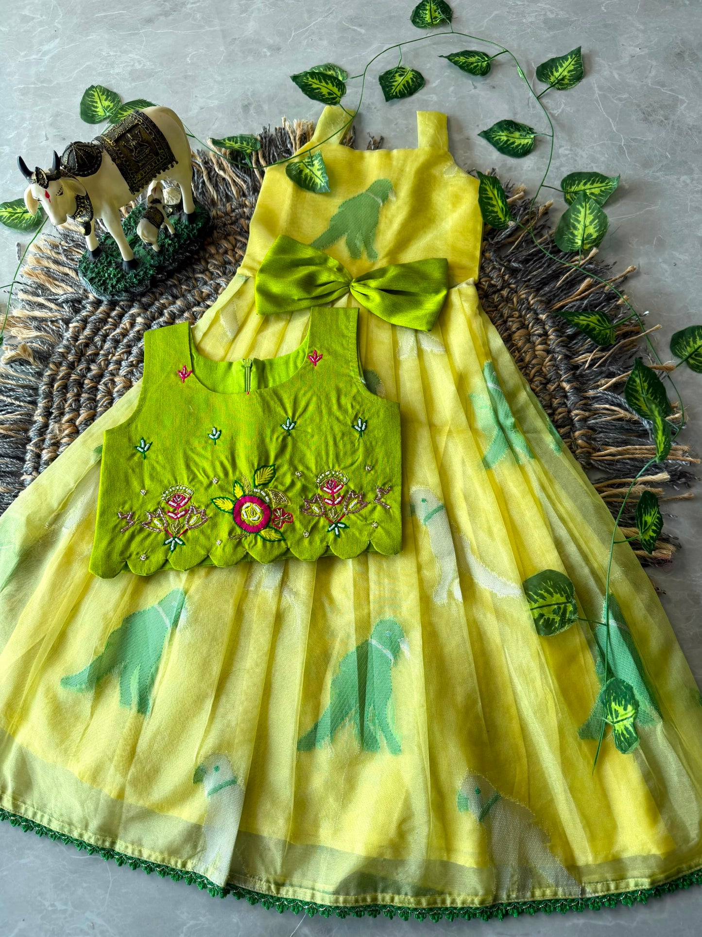 Little Princess Bird Motif Festive Gown with Raw Silk Coat