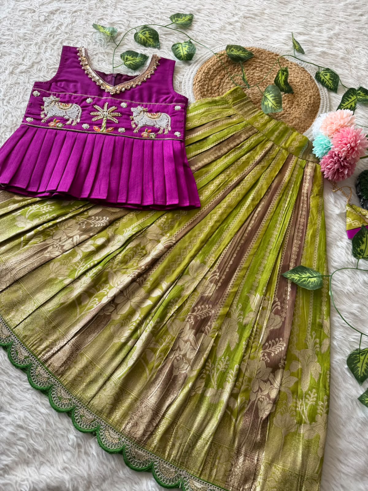 Kids Pattu Pavadai Sattai with Pichwai Work and Tissue Strip Skirt