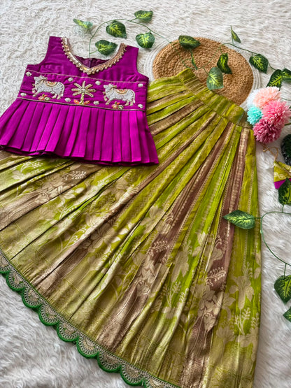 Kids Pattu Pavadai Sattai with Pichwai Work and Tissue Strip Skirt