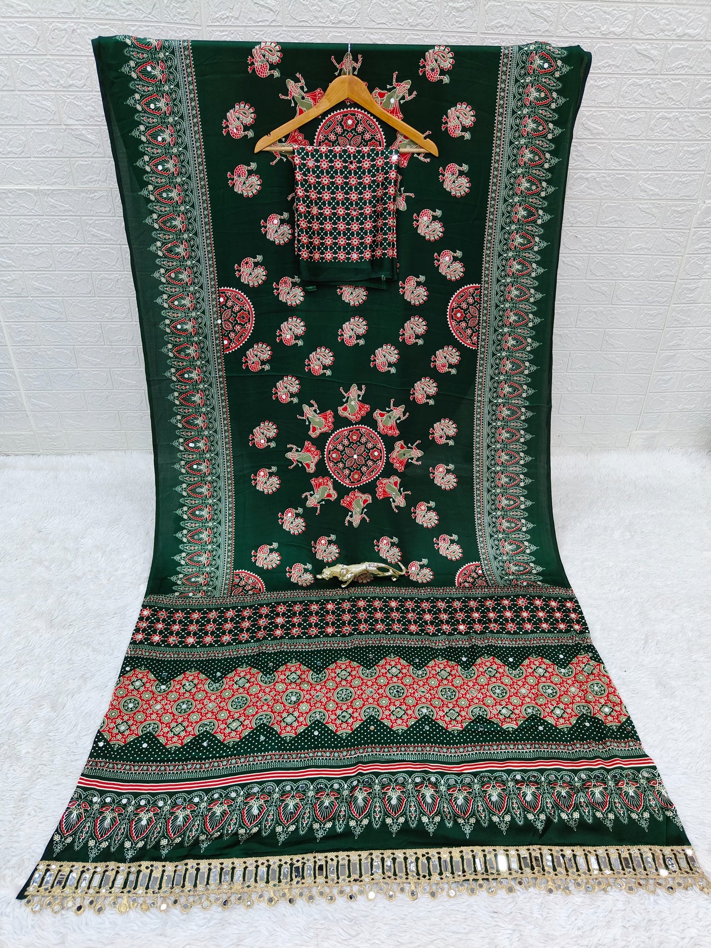 Japan Satin Semi Gajji Silk Bandhani Saree with Peacock Pallu and Mirror Lace Border