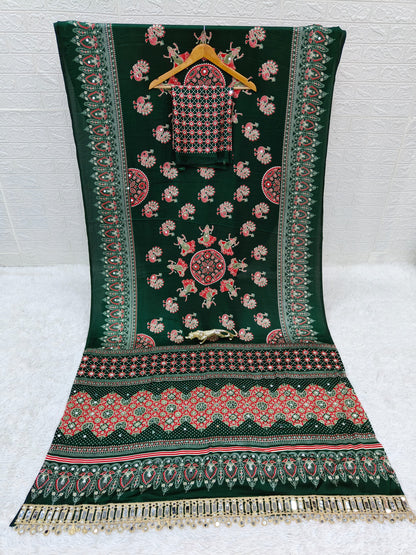 Japan Satin Semi Gajji Silk Bandhani Saree with Peacock Pallu and Mirror Lace Border
