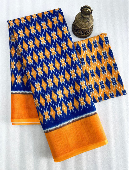 Mangalya Plain Linen Digital Print Saree with Digital Blouse