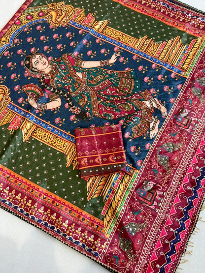Rashmika Soft Japan Crepe Geruva Print Saree with Mirror Work and Latkans
