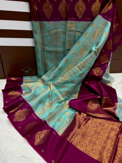 Banarasi Dupion Soft Silk Saree with Alfi Border, Zari Weaving & Jacquard Blouse
