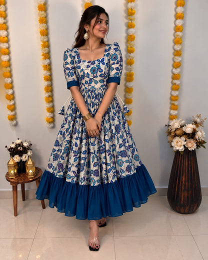 Traditional Kalamkari Vichithra Silk Frock with Contrast Colour Fusion