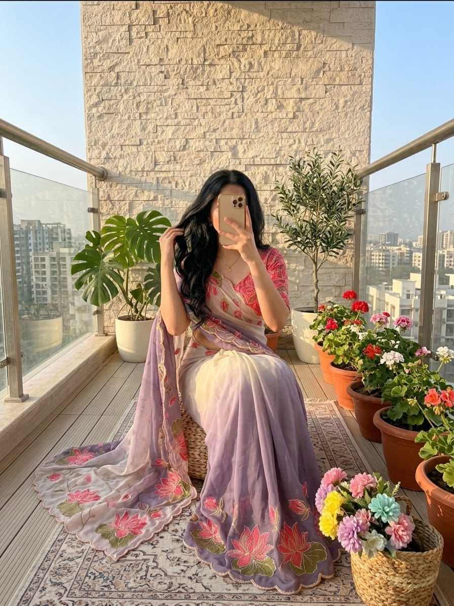 TeBy Silk Floral Digital Print Saree with Cutdana Khatli Work