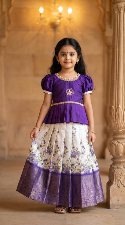 Little Kids Soft Silk Lehenga Choli with Zari Lace and Flower Net Work