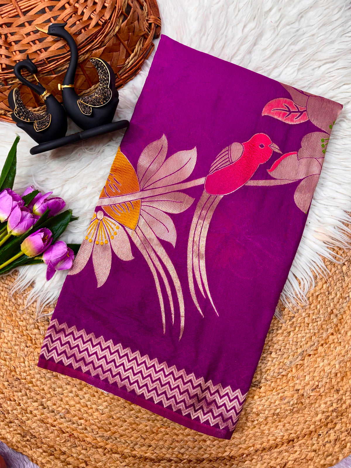 Khadi Crepe Silk Hand-Dyed Saree with Bird Motifs and Fancy Latkans