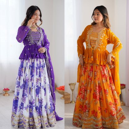 Faux Georgette Digital Print Semi-Stitched Lehenga Choli with Koti and Dupatta