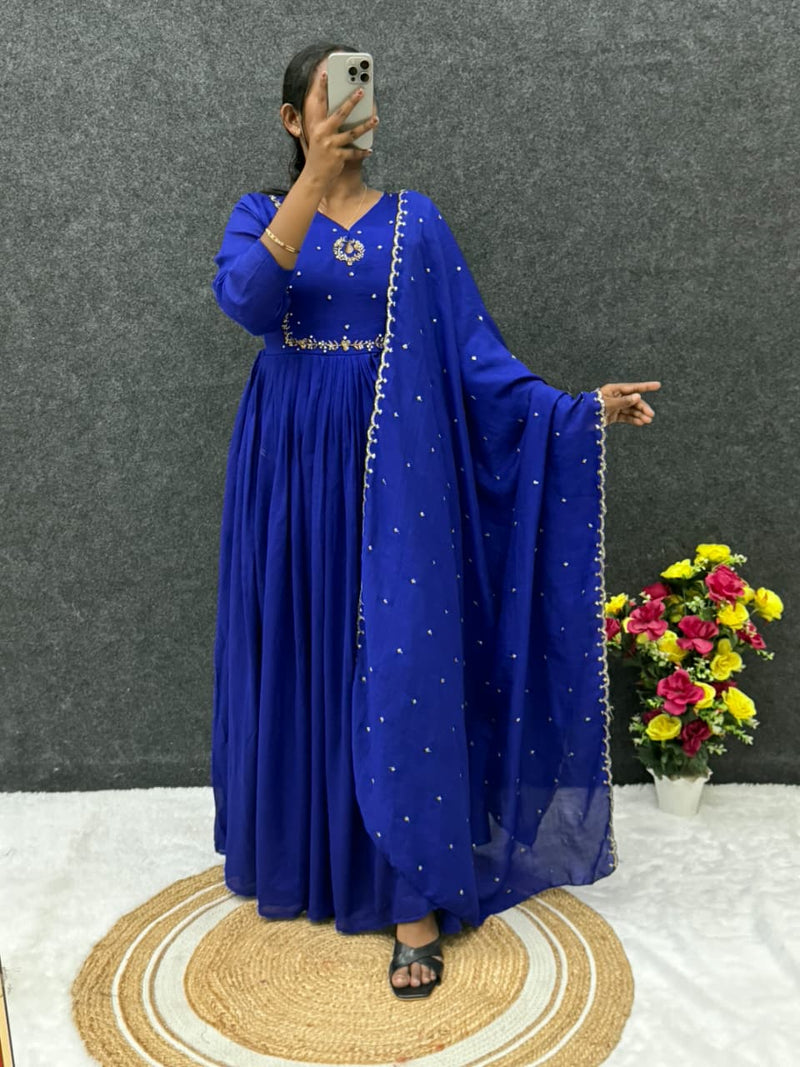Handwork Vichitra Silk Anarkali Gown with Sequence Work Dupatta