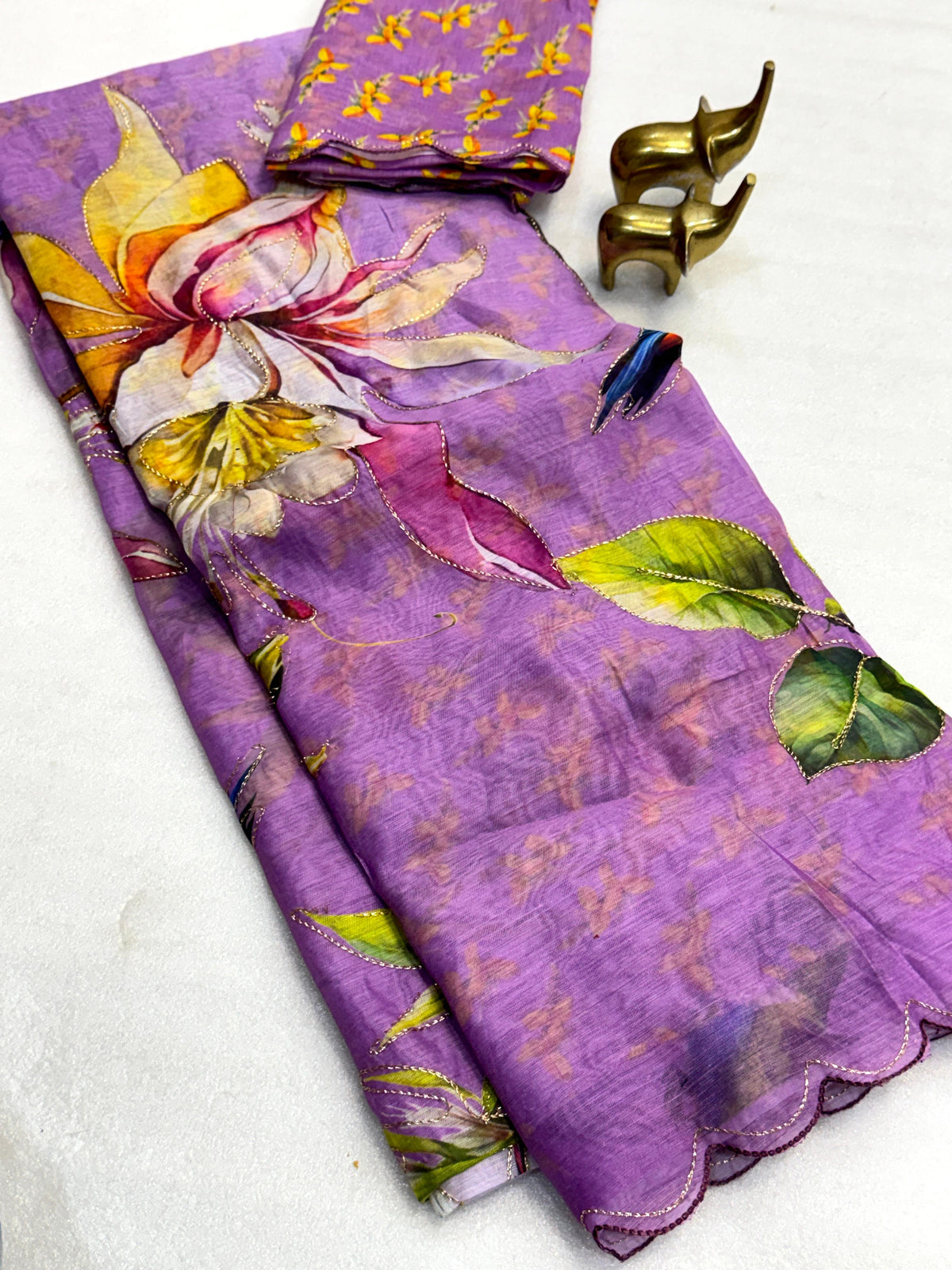 Vamika Soft Chanderi Cotton Floral Digital Print Saree with Aari Work Border